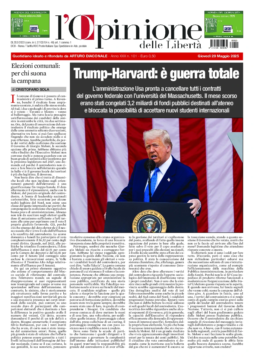 Prima-pagina-opinione della liberta-edizione-di-oggi-2025-05-29
